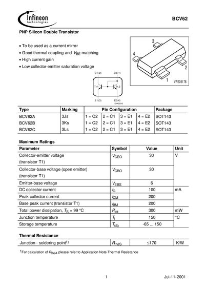 Infineon BCV62 PNP Silicon Double Transistor Datasheet - cover page