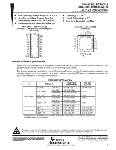 Texas Instruments SN54HC245 SN74HC245 Octal Bus Transceivers with 3-State Outputs Datasheet - cover page
