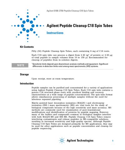 Agilent 5188-2750 Peptide Cleanup C18 Spin Tubes User Manual - cover page