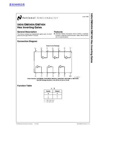 National Semiconductor 5404/DM5404/DM7404 Hex Inverting Gates Datasheet - cover page