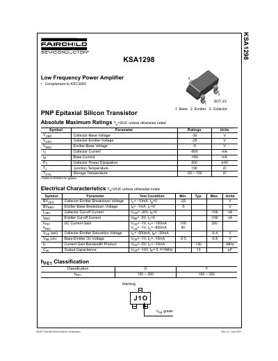 Fairchild KSA1298 PNP Epitaxial Silicon Transistor Datasheet - cover page