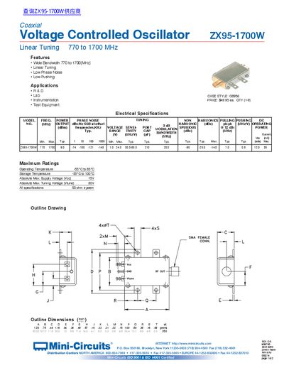 Mini-Circuits ZX95-1700W Coaxial Voltage Controlled Oscillator Datasheet - cover page