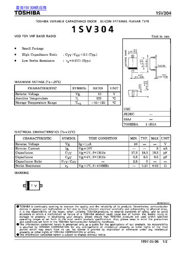 Toshiba 1SV304 Variable Capacitance Diode Datasheet - cover page
