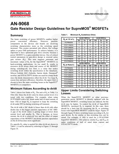 Fairchild Semiconductor AN-9068 Gate Resistor Design Guidelines for SupreMOS MOSFETs - cover page