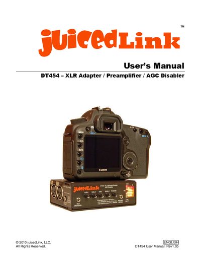 juicedLink DT454 XLR Adapter/Preamplifier/AGC Disabler User Manual - cover page