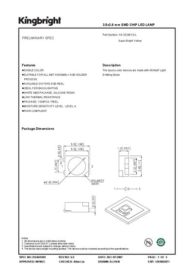 KINGBRIGHT - SPEC NO: DSAH9301 3.5x2.8 mm SMD CHIP LED LAMP handbook - cover page