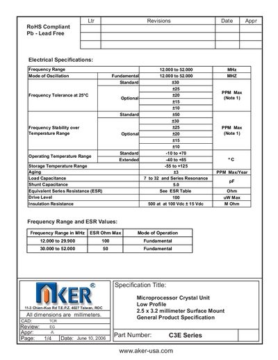 AKER C3E Series Microprocessor Crystal Unit Datasheet - cover page