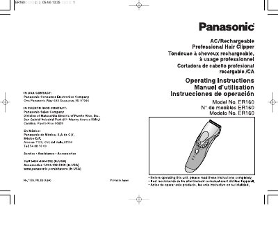 Panasonic ER160 Professional Hair Clipper Operating Instructions - cover page