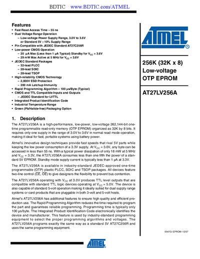 Atmel AT27LV256A OTP EPROM Datasheet - cover page
