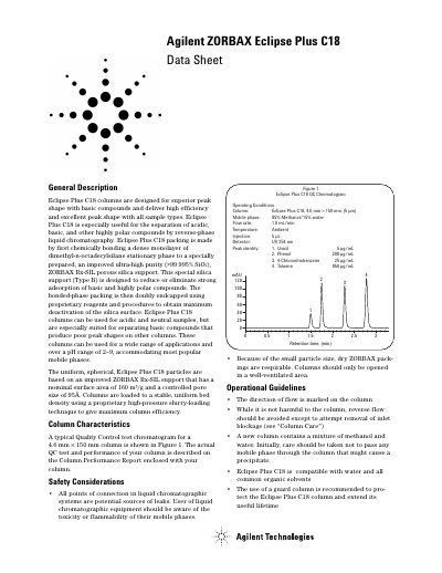 Agilent ZORBAX Eclipse Plus C18 Column Datasheet - cover page