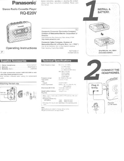 Panasonic RQ-E20V Stereo Radio Cassette Player Operating Instructions - cover page
