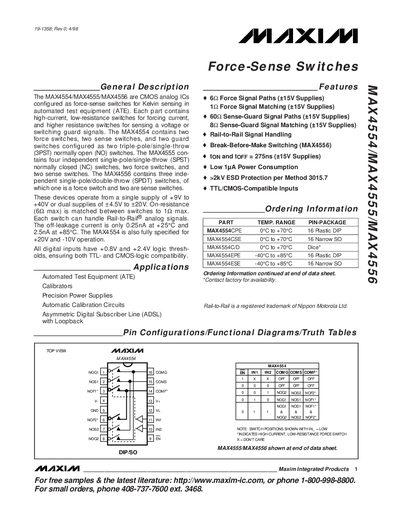 MAXIM MAX4554 Force-Sense Switch Datasheet - cover page
