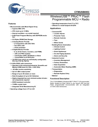 Cypress CYWUSB6953 WirelessUSB PRoC Flash Programmable MCU + Radio Datasheet - cover page