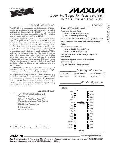 Maxim MAX2511 Low-Voltage IF Transceiver Datasheet - cover page