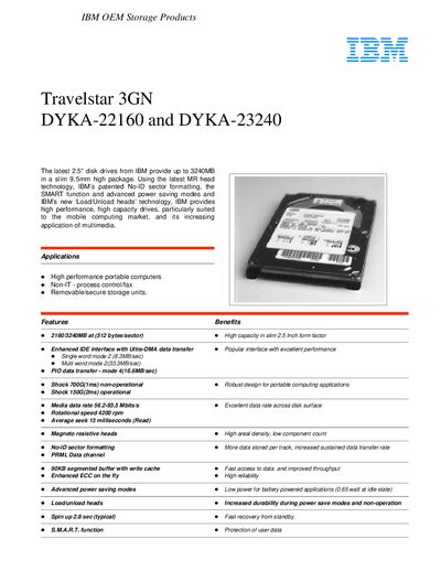 IBM Travelstar 3GN DYKA-22160 DYKA-23240 - cover page