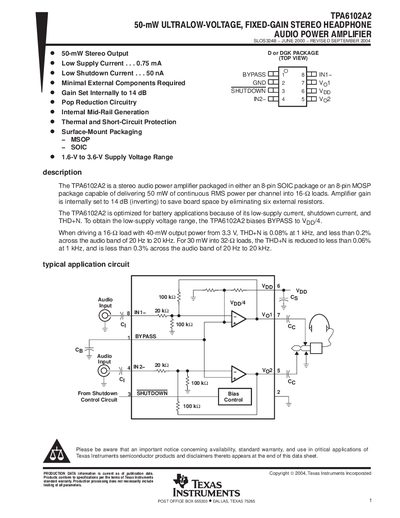 Texas Instruments TPA6102A2 Audio Power Amplifier Datasheet - cover page