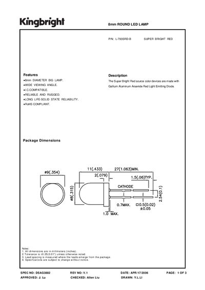 KINGBRIGHT - SPEC NO: DSAG3882 REV NO: V.1 8mm ROUND LED LAMP handbook - cover page