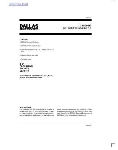 Dallas Semiconductor DS9006K SIP Stik Prototyping Kit Product Leaflet
