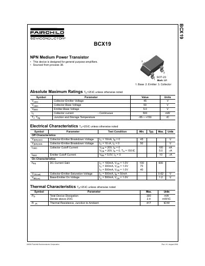 Fairchild Semiconductor BCX19 NPN Medium Power Transistor Datasheet