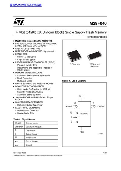 STMicroelectronics M29F040 Flash Memory Datasheet - cover page