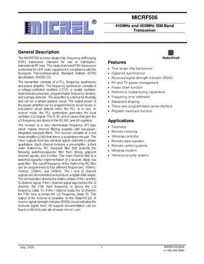 Micrel MICRF506 410MHz‑450MHz ISM Band Transceiver Datasheet - cover page