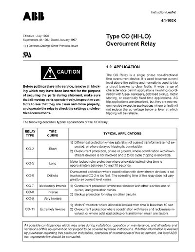 ABB CO (HI-LO) Overcurrent Relay Instruction Leaflet - cover page