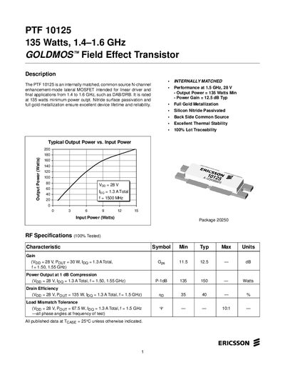 Ericsson PTF 10125 Goldmos Field Effect Transistor Handbook - cover page