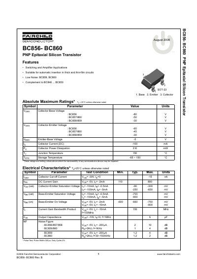 Fairchild BC856-BC860 PNP Epitaxial Silicon Transistor Datasheet - cover page