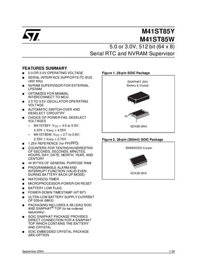 STMicroelectronics M41ST85Y/M41ST85W Serial RTC NVRAM Supervisor Handbook - cover page