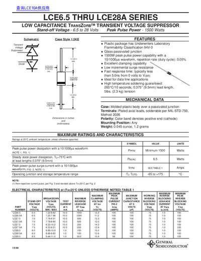 GENERAL SEMICONDUCTOR LCE6.5 THRU LCE28A SERIES Data Sheet  - cover page