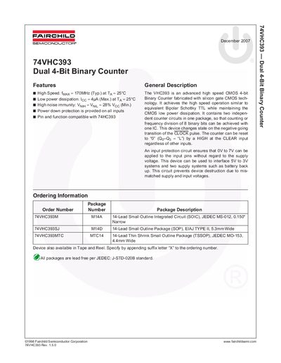 Fairchild 74VHC393 Dual 4-Bit Binary Counter Datasheet - cover page