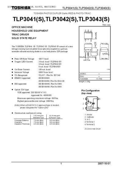 TOSHIBA TLP3041(S) TLP3042(S) TLP3043(S) Manual - cover page