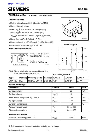 Siemens BGA 425 MMIC Amplifier Datasheet - cover page