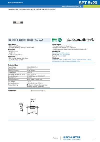 Schurter SPT 5x20 Non-Resettable Fuse Datasheet - cover page