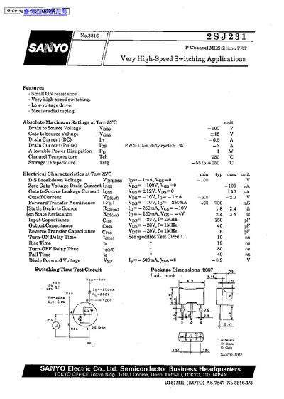 SANYO 2SJ231 P-Channel MOS Silicon FET Datasheet - cover page