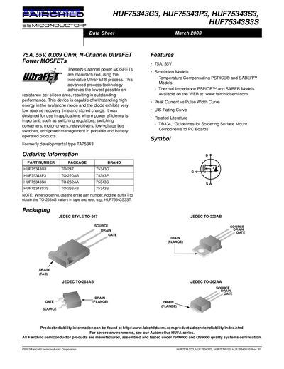 Fairchild Semiconductor Corporation HUF75343G3/HUF75343P3/HUF75343S3/HUF75343S3S N-Channel UltraFET Power MOSFETs Data S - cover page