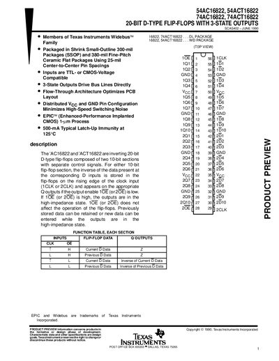 Texas Instruments 54AC16822/54ACT16822/74AC16822/74ACT16822 20‑Bit D‑Type Flip‑Flops with 3‑State Outputs Handbook - cover page