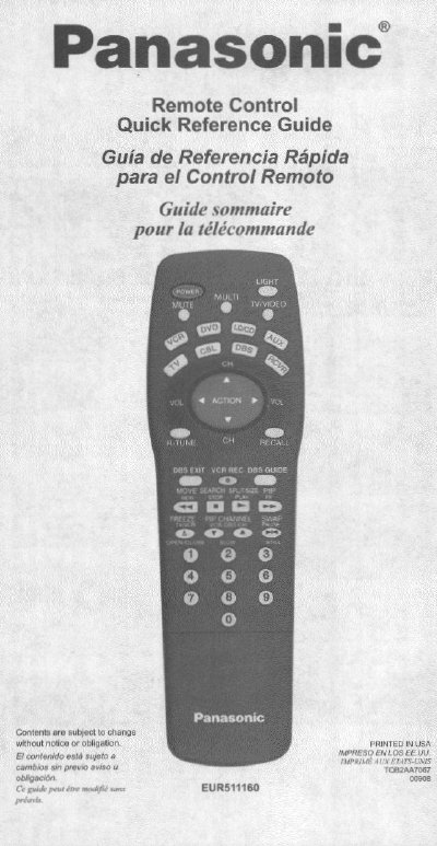 Panasonic EUR511160 Remote Control Quick Reference Guide - cover page