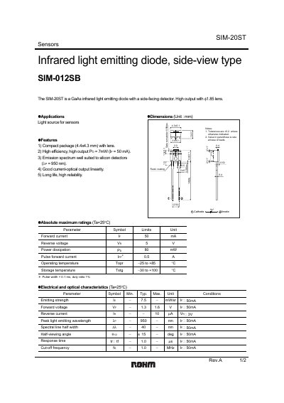 ROHM SIM-20ST Infrared Light Emitting Diode Datasheet - cover page