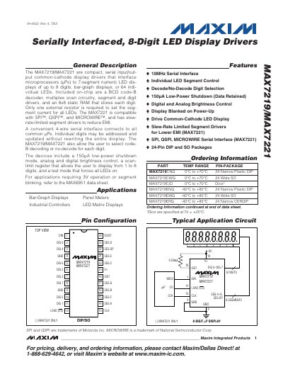 Maxim MAX7219/MAX7221 8‑Digit LED Display Driver Datasheet - cover page