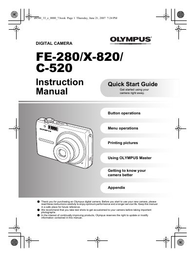 Olympus FE-280/X-820/C-520 Digital Camera Instruction Quick Start Guide Manual