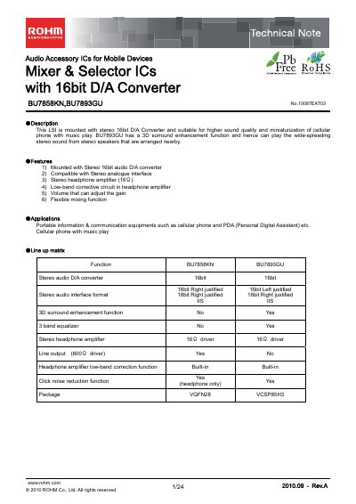 ROHM BU7893GU Audio Accessory IC Technical Note - cover page