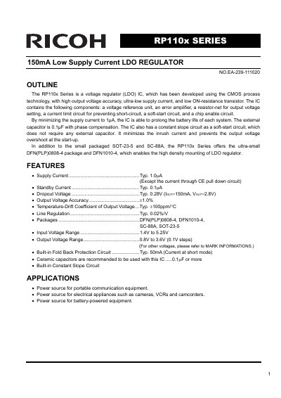 RICOH RP110x Series 150mA Low Supply Current LDO Regulator Datasheet - cover page