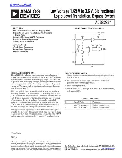 Analog Devices ADG3233 Low Voltage Bidirectional Logic Level Translator Datasheet - cover page