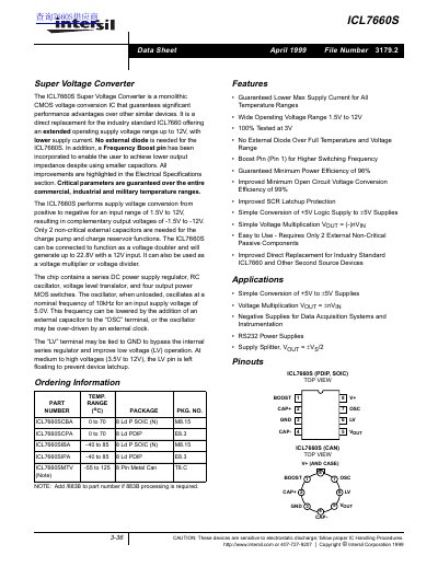 Intersil ICL7660S Super Voltage Converter Datasheet