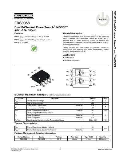 Fairchild Semiconductor FDS9958 Dual P-Channel PowerTrench MOSFET Datasheet - cover page