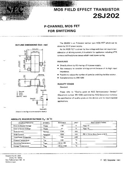 NEC 2SJ202 P-Channel MOS FET Datasheet - cover page