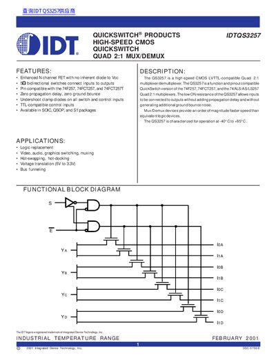 IDT IDTQS3257 High-Speed CMOS QuickSwitch Quad 2:1 Mux/Demux Datasheet - cover page