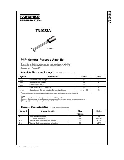 Fairchild Semiconductor TN4033A PNP General Purpose Amplifier Datasheet - cover page