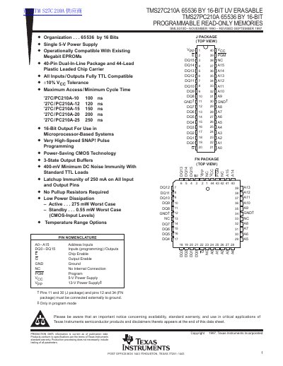 Texas Instruments TMS27C210A/TMS27PC210A 65536x16-Bit EPROM/PROM Datasheet - cover page